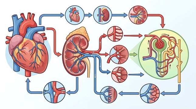 Anatomical diagram of heart and kidney blood circulation