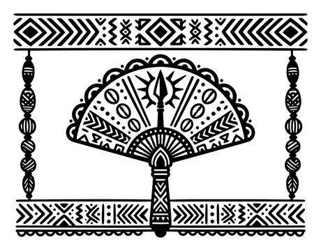 African warrior shield and spear with geometric border ornaments in ethnic tribal style