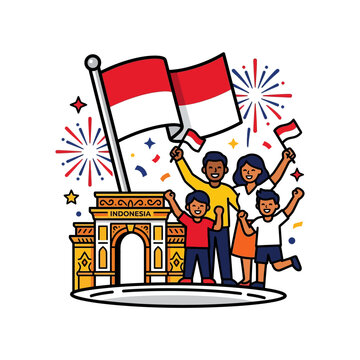 an indonesian family joyfully celebrates independence day with national flag and monas monument perfect for cultural and patriotic themes.