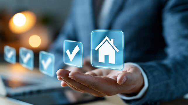 Close-up of hand inspecting digital property verification with virtual house icons, real estate approval and mortgage validation concept, defocused background, with copy space