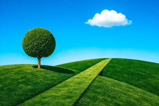 Paysage vallonn&eacute; vert  avec arbre et nuage dans un ciel bleu