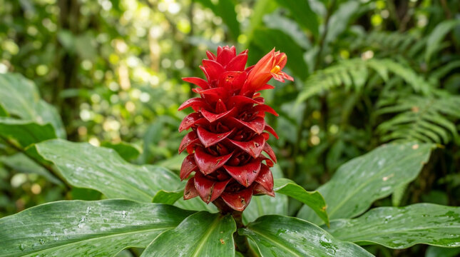 Vibrant red ginger flower blooming in lush green tropical forest