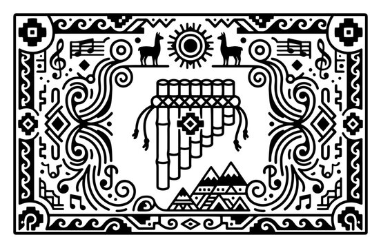 Pan flute musical instrument with llamas and mountains in Andean folk art style