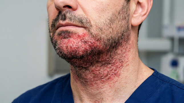 Close-up of man with red irritated skin on cheek and jawline