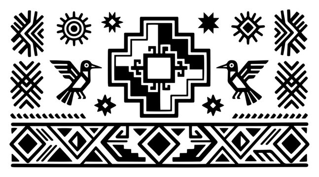 Incan cross chakana with hummingbirds and geometric tribal motifs in Peruvian style