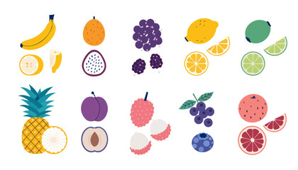 A vibrant collection of hand-drawn vector fruits featuring tropical and citrus varieties in a playful, colorful style © Aldos