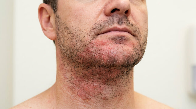Close-up of man with red, irritated skin on neck and jawline