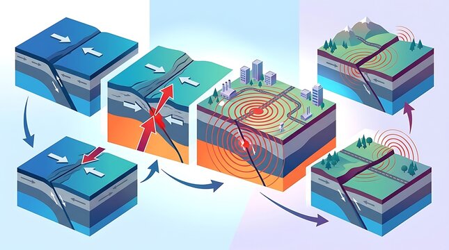 Isometric diagrams showing tectonic plate movement and earthquakes