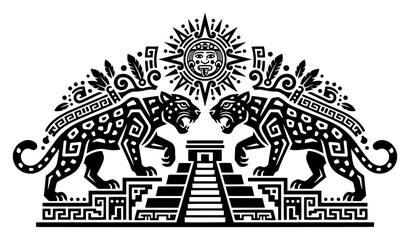 Jaguars with ancient mayan pyramid and sun symbol in mexican tribal folk art style © Tomas