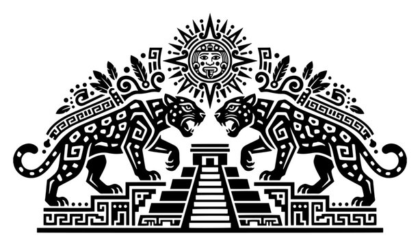 Jaguars with ancient mayan pyramid and sun symbol in mexican tribal folk art style