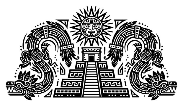 Mesoamerican pyramid with sun god and feathered serpents in aztec style