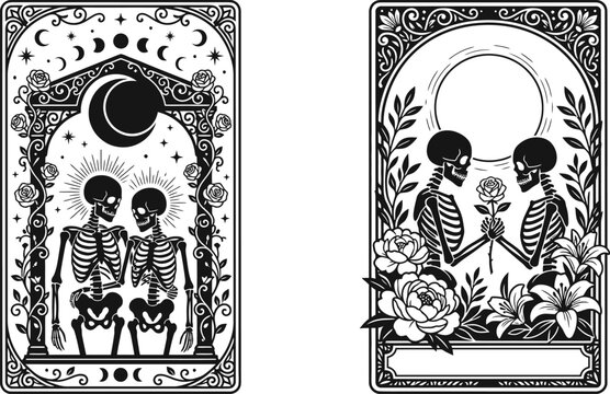 Skeleton lovers tarot card vector illustration featuring two detailed gothic skeleton figures in a mystical romantic design for occult and spiritual art