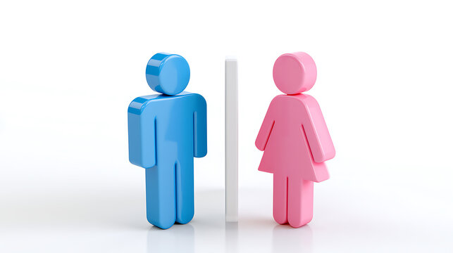 Blue Male and Pink Female Figures Separated by a White Barrier on a Clean Background, Illustrating Gender Division and Boundaries