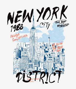 Graffiti Typography Text New York  with Hand drawing City illustration. Boy's men's tee shirt design. Sky drawing with  t-shirt design. Graphic tee. Line Art Drawing in vector brush. 