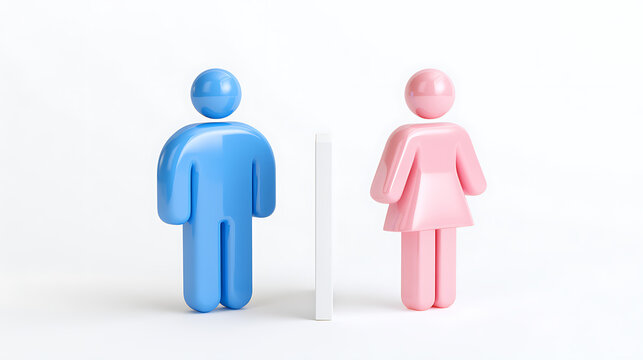 Abstract gender divide with blue male and pink female figures separated by a white barrier, representing social distance and differences