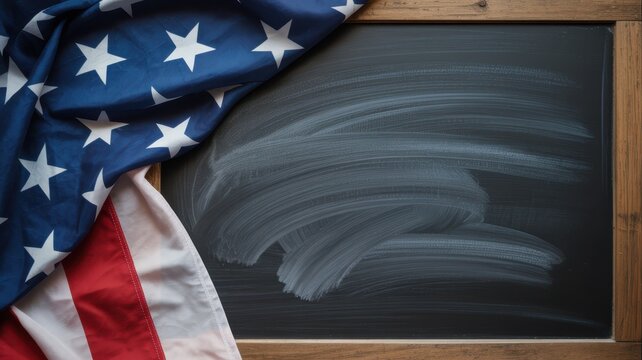 Veterans Day American flag draped over a blank wooden chalkboard with space for text for educational or patriotic announcement USA
