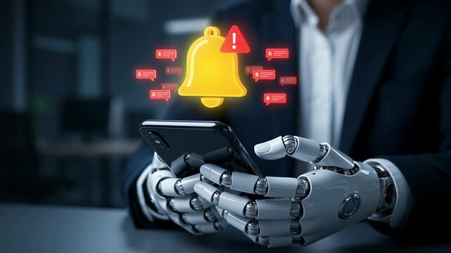 AI cybersecurity risk management cloud computing automation concept with robot hand holding smartphone alert notification symbol in dark office business setting technology