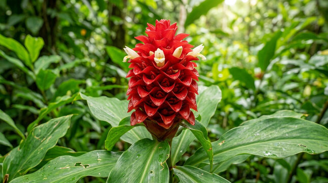 Vibrant red ginger flower blooms in lush tropical jungle foliage