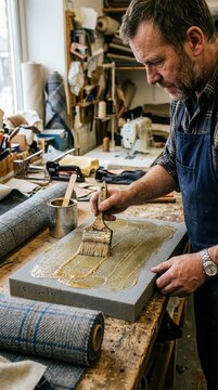 A male upholsterer applying adhesive with a paintbrush onto a block of grey upholstery foam on a wooden workbench in a furniture repair workshop