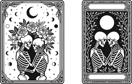 Skeleton lovers tarot card vector illustration featuring romantic gothic skeletons embracing under celestial moonlit skies for mystical fortune telling and occult art