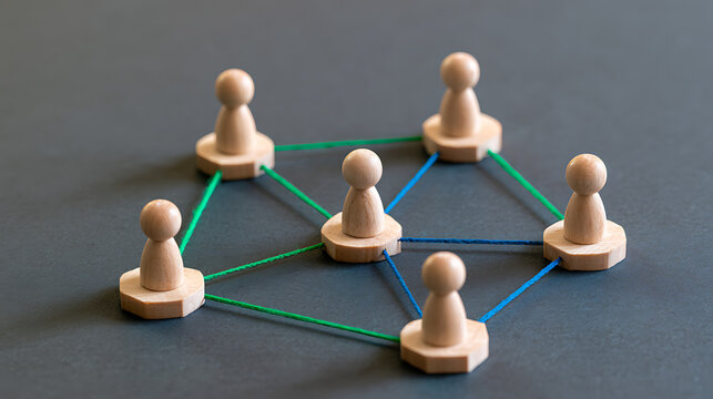 Wooden figures connected by colorful threads symbolize a strong and supportive network, teamwork, and collaborative strategies for business success