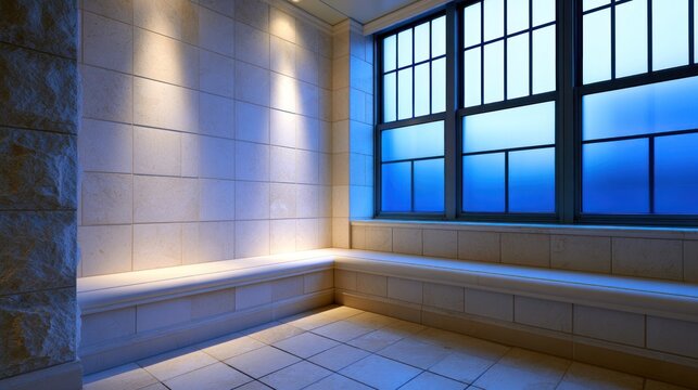 Cozy corner with soft lighting, tiled walls, and large frosted windows creating a serene atmosphere