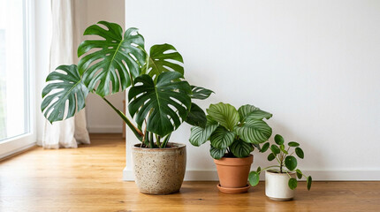 Fototapeta premium Indoor plants in pots on wooden floor near window with curtains