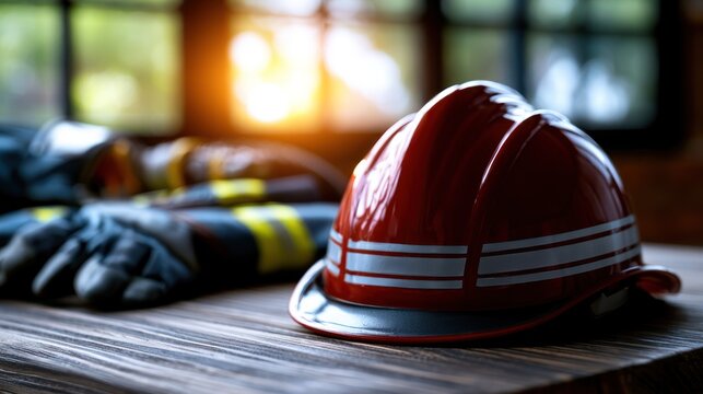 A red hard hat rests on a wooden table beside gloves, sunlight streaming through industrial windows
