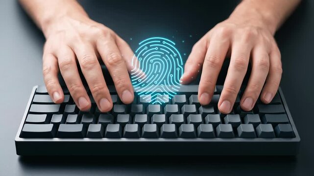 Hands typing keyboard with digital fingerprint hologram symbolizing ai cybersecurity risk management cloud computing and automation technology