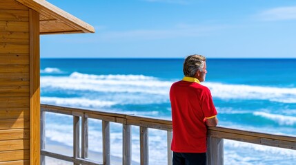 Fototapeta premium Man in red shirt gazes at the ocean from a wooden deck on a sunny beach. Waves crash. Peaceful vibes