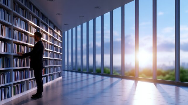 Professional browsing books in a sleek, modern library against a vibrant sunset window view