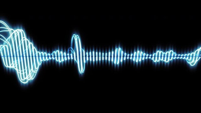 Glowing blue neon audio waveform equalizer on black background