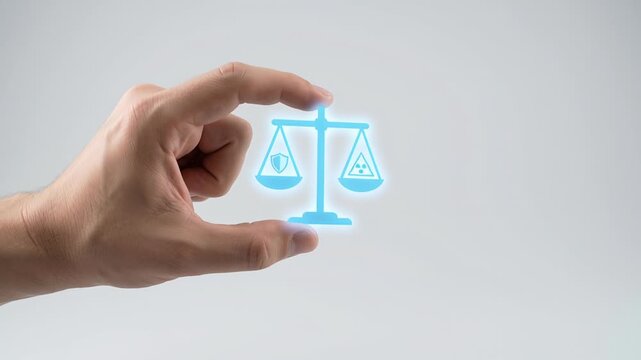 Hand holding digital scale symbolizing risk management in cybersecurity, computing, and automation with AI technology protection, balancing hazard and safety in glowing blue scale concept
