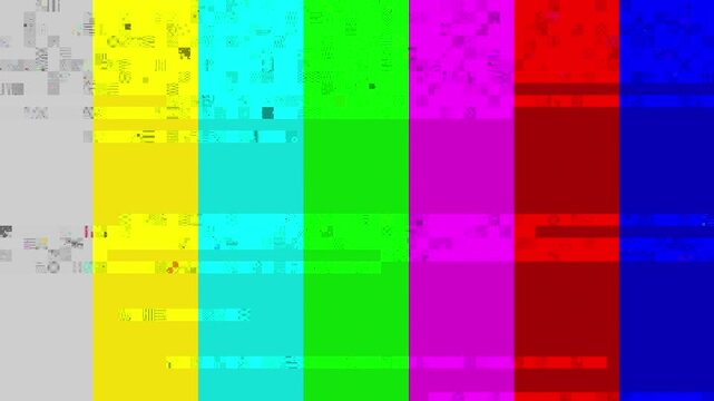 Television test pattern flickers and distorts with broken pixels, horizontal bands, and electronic noise. The unstable image creates the appearance of a malfunctioning screen, interrupted broadcast,