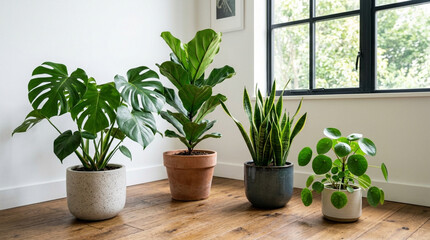 Fototapeta premium Indoor Houseplants Collection: Monstera, Fiddle Leaf Fig, Snake Plant, Pilea