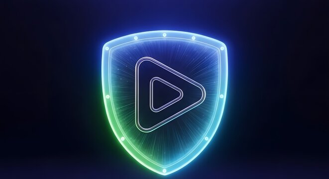 A neon blue and green glowing shield containing a play button icon, representing digital content protection and media security on dark background.