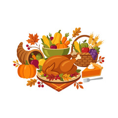 Fototapeta premium thanksgiving harvest feast with roasted turkey pumpkin pie cornucopia and autumn produce symbolizing abundance.