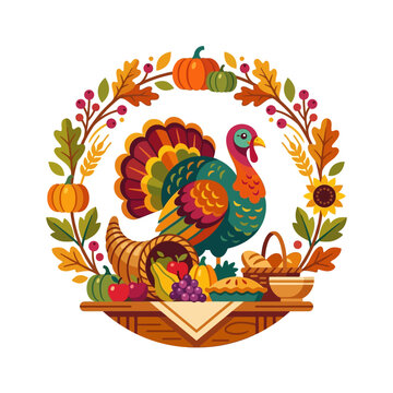 thanksgiving turkey harvest feast and autumn wreath on a rustic wooden table capturing the spirit of gratitude and holiday celebration.