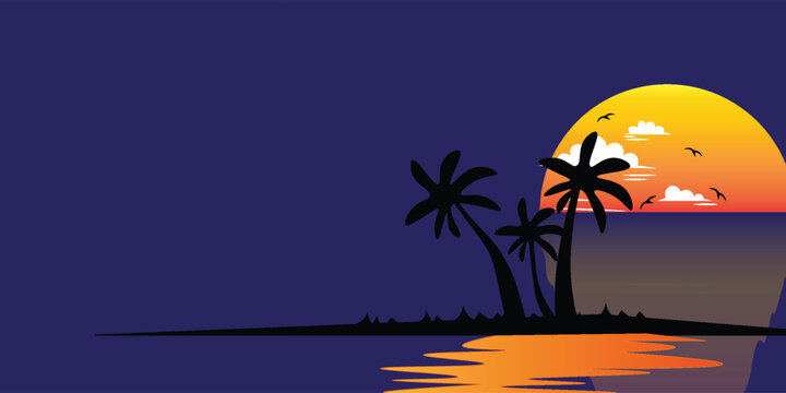 Tropical Island Sunset with Palm Trees Silhouette and Ocean Reflection Vector Illustration