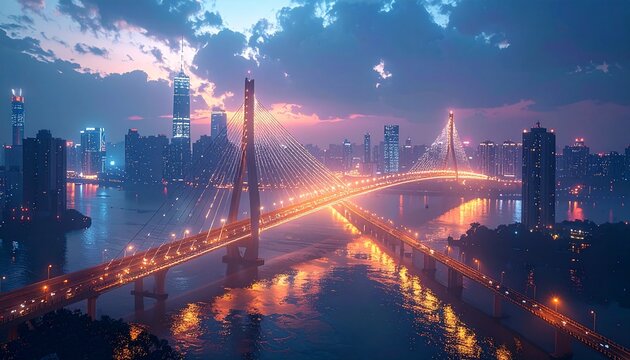 Cityscape at Dusk - A Symphony of Lights and Bridges.