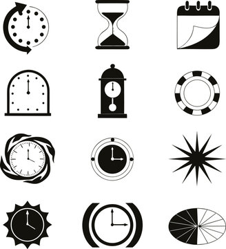 Collection of clock and time measurement vector icons with hourglass calendar measurement chronometer minimalist instrument business schedule deadline planning management duration pendulum