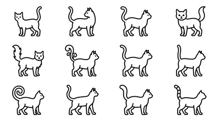 Twelve black and white cat silhouette illustrations. © Nico