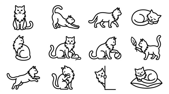 Playful black and white cat illustrations in various poses.