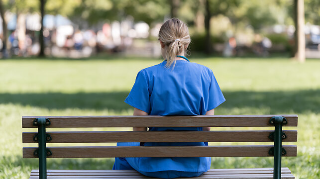 Medical professional in blue scrubs sits alone on a park bench, back to camera, during a break from work in a natural outdoor setting