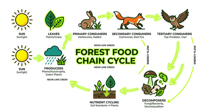 Forest Food Chain Cycle Diagram with Sun, Plants, Animals, and Decomposers