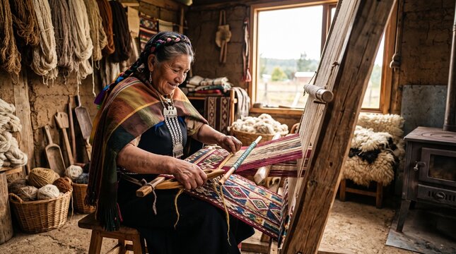 Indigenous woman weaving colorful traditional tapestry on a large wooden loom in a cozy rustic workshop