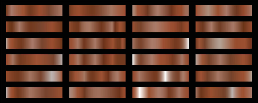 Copper gradients collection. Luxury set of pale copper gradient swatches. Metallic textures with polished foil shine and satin smooth. Premium design palette