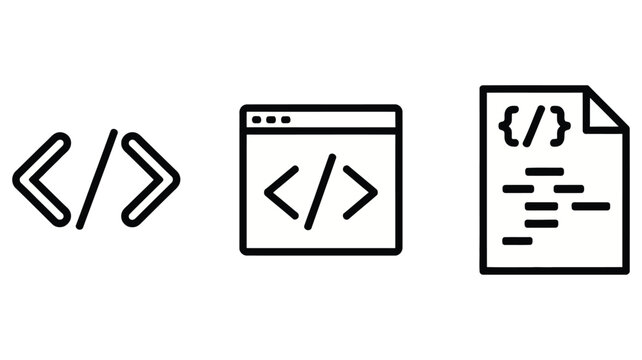 Programming icon, software development vector symbols featuring coding, terminal, computer technology, developer tools, frontend engineering, and application interface design.