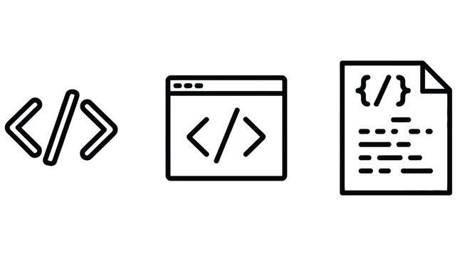 Programming icon, software development vector symbols featuring coding, terminal, computer technology, developer tools, frontend engineering, and application interface design.