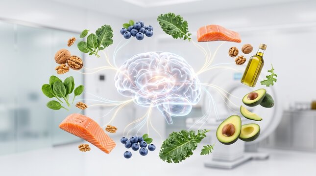 Glowing human brain surrounded by healthy foods like salmon, blueberries, walnuts, kale, and avocado